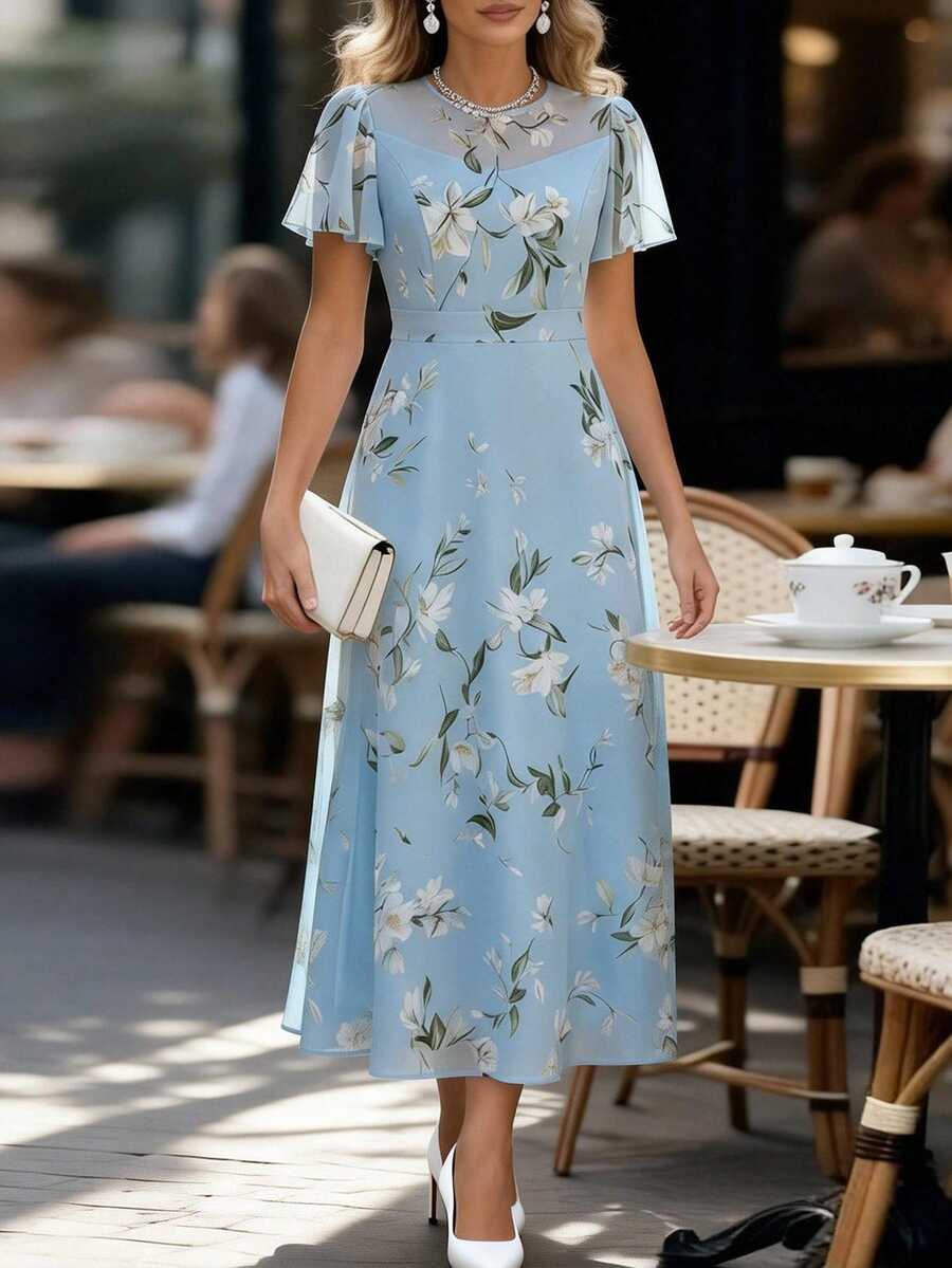 EMERY ROSE Blue Chiffon Floral Print Ruffle Sleeve Elegant Dress For Women - Blue - View 1