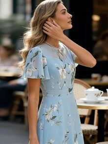 EMERY ROSE Blue Chiffon Floral Print Ruffle Sleeve Elegant Dress For Women - Blue - View 7