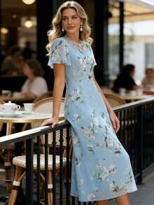 EMERY ROSE Blue Chiffon Floral Print Ruffle Sleeve Elegant Dress For Women - Blue - View 6