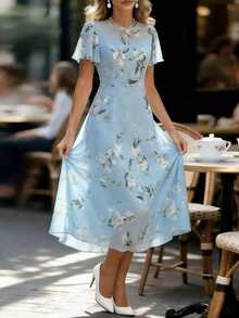 EMERY ROSE Blue Chiffon Floral Print Ruffle Sleeve Elegant Dress For Women - Blue - View 4
