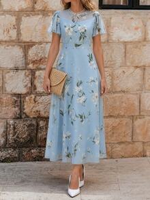 EMERY ROSE Blue Chiffon Floral Print Ruffle Sleeve Elegant Dress For Women - Blue - View 3