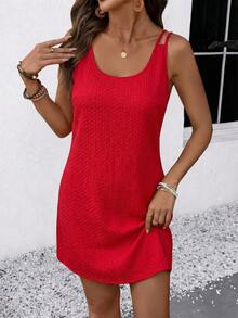 EMERY ROSE Women's Solid Color Minimalist Sleeveless Casual Dress - Red - View 5
