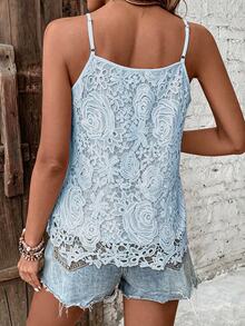 EMERY ROSE Women's Solid Color Lace Patchwork Casual Sleeveless Tank Top For Summer - Baby Blue - View 2