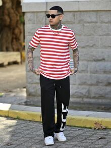 Devon Thys Men Striped Print Tee - Red and White - View 1
