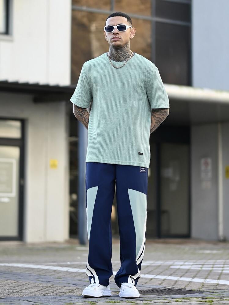 Devon Thys 宽松男士纯色华夫格圆领休闲T恤，情侣装 - 薄荷綠 - 查看 3