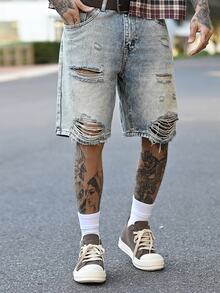 Devon Thys Men's Ripped Casual Denim Shorts With Pockets Low Rise Baggy Jorts Plain Light Blue Going Out Street Wear Friends Street Going Out Hang Out, Emo Style - Black - View 4