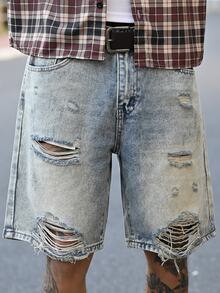 Devon Thys Men's Ripped Casual Denim Shorts With Pockets Low Rise Baggy Jorts Plain Light Blue Going Out Street Wear Friends Street Going Out Hang Out, Emo Style - Black - View 6
