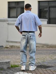 Devon Thys Quần jean denim rách vừa vặn cho nam - Rửa nhẹ - Xem 4