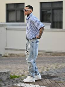 Devon Thys Quần jean denim rách vừa vặn cho nam - Rửa nhẹ - Xem 3