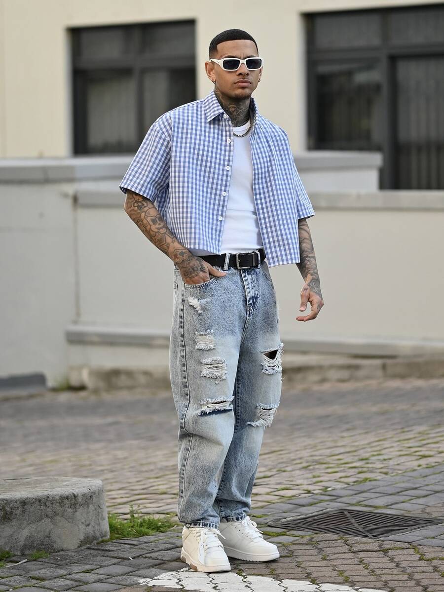 Devon Thys Quần jean denim rách vừa vặn cho nam - Rửa nhẹ - Xem 1