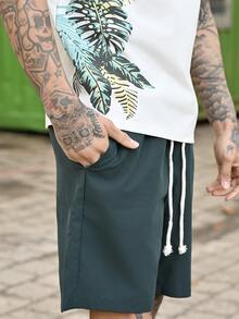 Devon Thys 男士标语热带印花T恤搭配抽绳短裤，夏季舒适情侣装。 - 墨綠色 - 查看 6