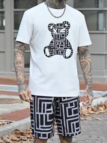 Devon Thys Men's Bear Print Short Sleeve T-Shirt And Shorts Set For Summer, Streetwear Friendly, Couple Things - Mustard Yellow - View 5