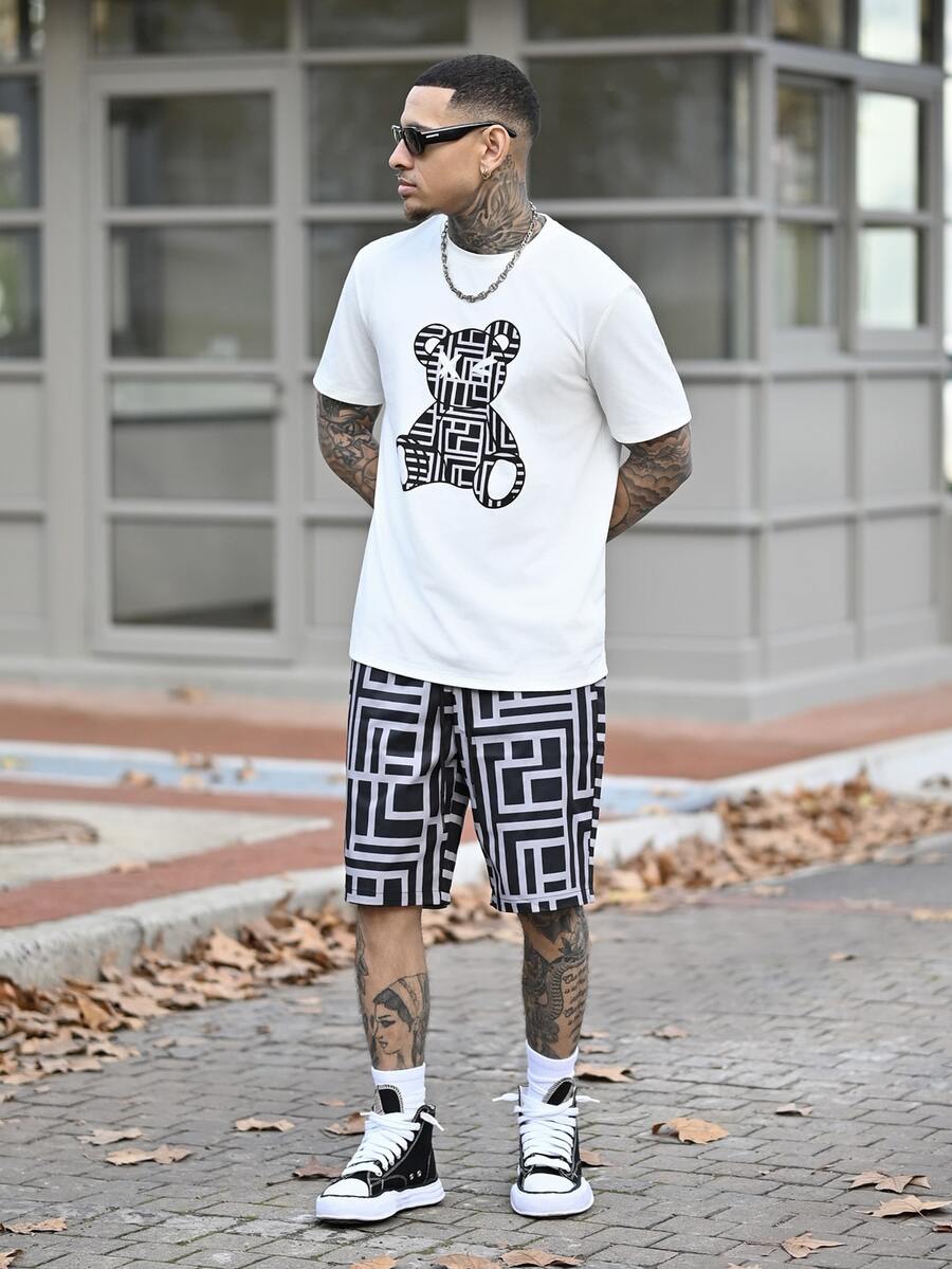 Devon Thys Men's Bear Print Short Sleeve T-Shirt And Shorts Set For Summer, Streetwear Friendly, Couple Things - Mustard Yellow - View 1