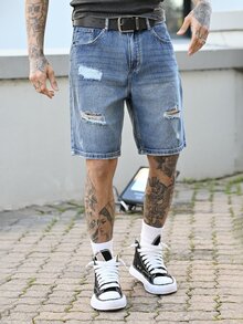Devon Thys 男士夏季斜口袋洗水破洞牛仔短裤纯色牛仔短裤浅蓝色牛仔短裤，适合老公、男朋友的礼物 - 中等水洗藍 - 查看 4