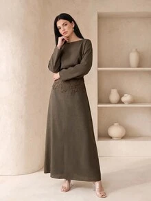 Veilorie Gaun Patchwork Renda Elegan untuk Wanita - Olive Green - View 7
