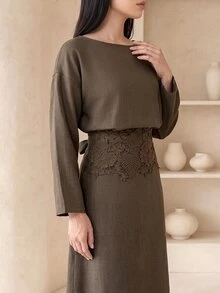 Veilorie Gaun Patchwork Renda Elegan untuk Wanita - Olive Green - View 6