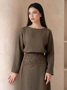 Veilorie Gaun Patchwork Renda Elegan untuk Wanita - Olive Green - View 4