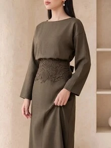 Veilorie Gaun Patchwork Renda Elegan untuk Wanita - Olive Green - View 1