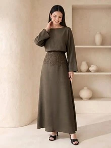 Veilorie Gaun Patchwork Renda Elegan untuk Wanita - Olive Green - View 3