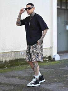 Devon Thys Men's Loose Woven Digital Printed Shorts, Suitable For Summer, Streetwear Edition - Army Green - View 3
