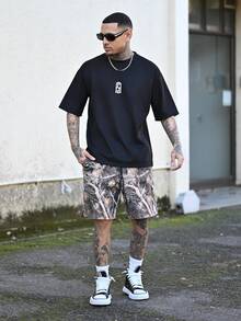 Devon Thys Men's Loose Woven Digital Printed Shorts, Suitable For Summer, Streetwear Edition - Army Green - View 1