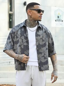 Devon Thys Fashionable Street Style Collared Short Sleeve Loose Fit Men's Shirts, Multi-Size, Streetwear Edition - Grey - View 5