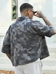 Devon Thys Fashionable Street Style Collared Short Sleeve Loose Fit Men's Shirts, Multi-Size, Streetwear Edition - Grey - View 2
