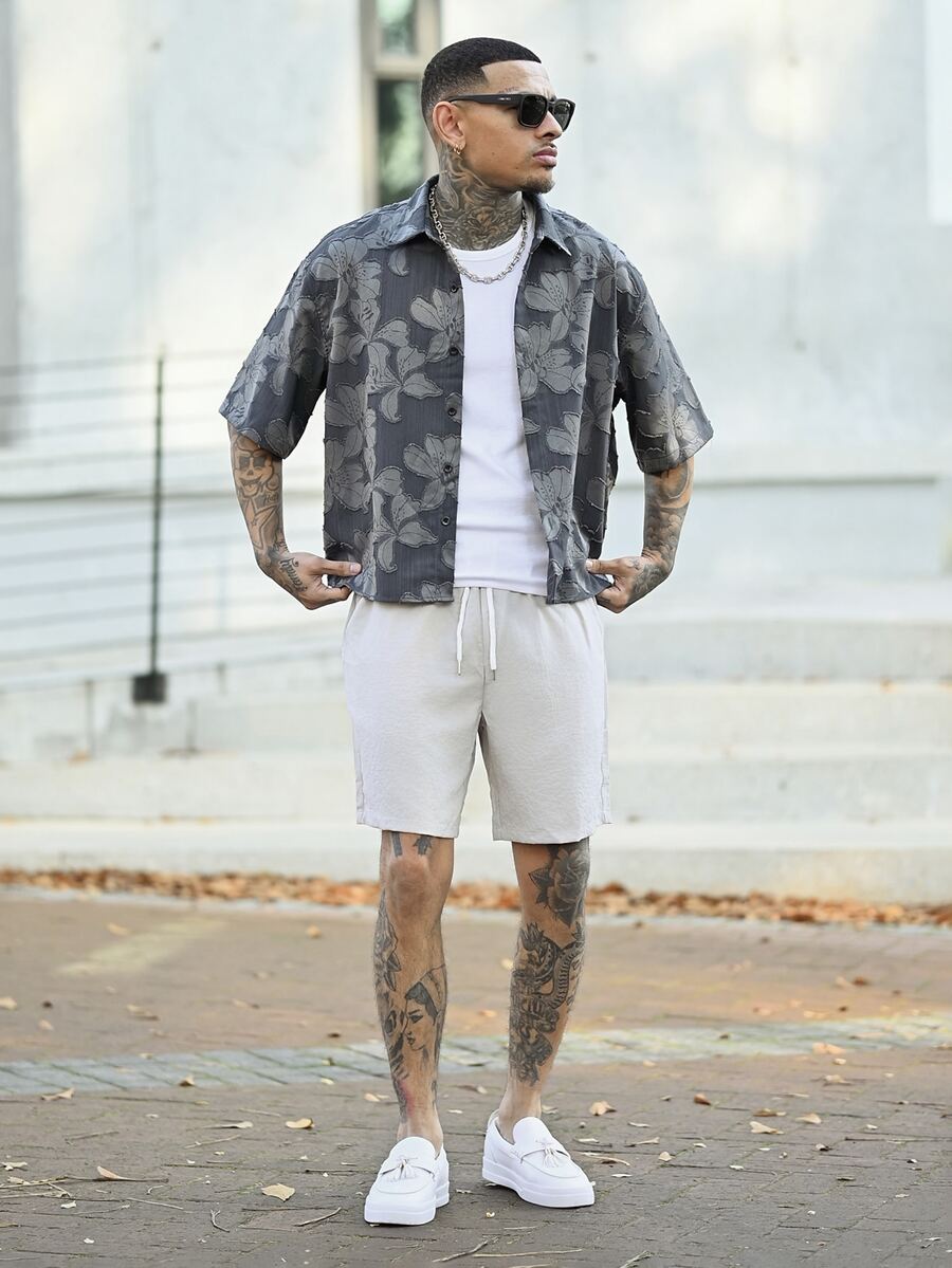 Devon Thys Fashionable Street Style Collared Short Sleeve Loose Fit Men's Shirts, Multi-Size, Streetwear Edition - Grey - View 1