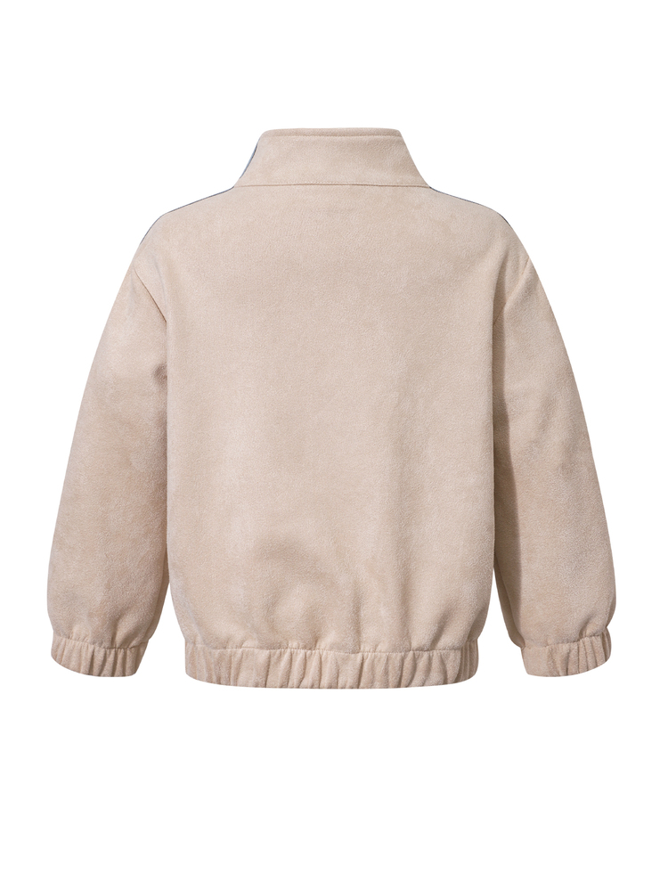 SHEIN Elladie kids 女款新中式國風青蛙鈕扣麂皮外套，立領，對比色側條紋，彈性下擺，休閒復古運動短版上衣，春秋款 - 杏色 - 查看 2