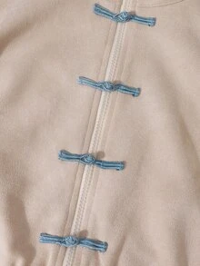 SHEIN Elladie kids Girls' New Chinese Style National Wind Frog Button Suede Jacket, Stand Collar, Contrast Color Side Stripes, Elastic Hem, Casual Retro Sporty Crop Top, Spring/Autumn - Apricot - View 8