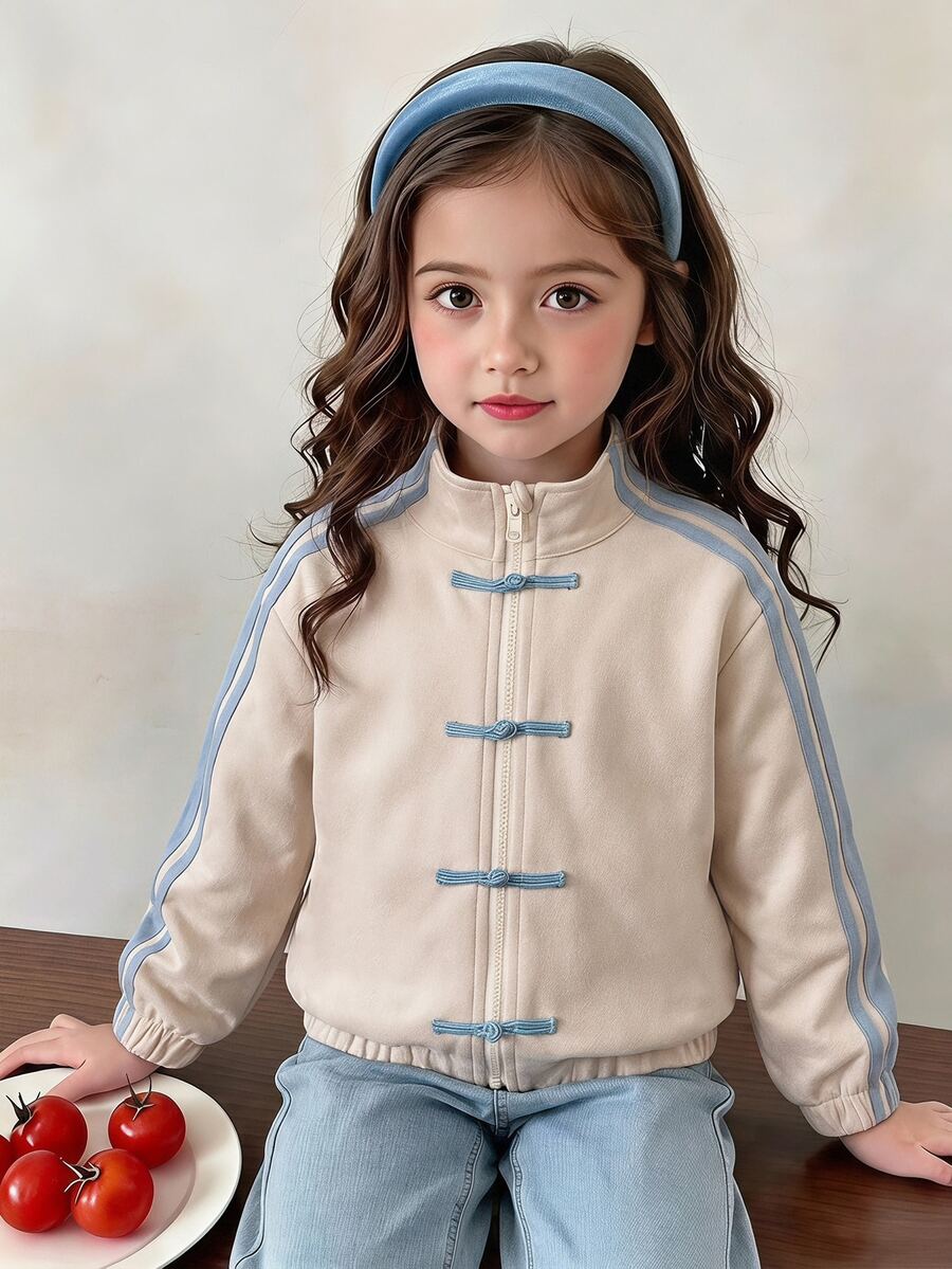 SHEIN Elladie kids Girls' New Chinese Style National Wind Frog Button Suede Jacket, Stand Collar, Contrast Color Side Stripes, Elastic Hem, Casual Retro Sporty Crop Top, Spring/Autumn - Apricot - View 1