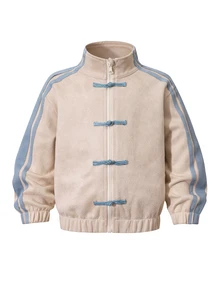SHEIN Elladie kids Girls' New Chinese Style National Wind Frog Button Suede Jacket, Stand Collar, Contrast Color Side Stripes, Elastic Hem, Casual Retro Sporty Crop Top, Spring/Autumn - Apricot - View 7