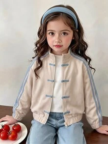 SHEIN Elladie kids Girls' New Chinese Style National Wind Frog Button Suede Jacket, Stand Collar, Contrast Color Side Stripes, Elastic Hem, Casual Retro Sporty Crop Top, Spring/Autumn - Apricot - View 3