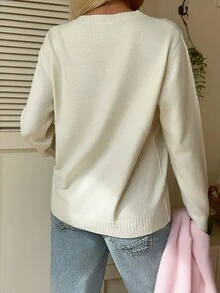 CovetEZ 女款休閒可愛鹿花紋毛衣，秋冬日用家庭穿搭外出夜生活白色動物印花 - 白色 - 查看 8