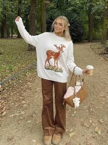 CovetEZ 女款休閒可愛鹿花紋毛衣，秋冬日用家庭穿搭外出夜生活白色動物印花 - 白色 - 查看 5
