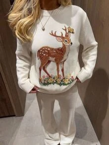 CovetEZ 女款休閒可愛鹿花紋毛衣，秋冬日用家庭穿搭外出夜生活白色動物印花 - 白色 - 查看 11