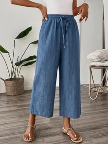 SHEIN LUNE Plus Size Casual Traditional Solid Color Versatile Drawstring Waist Loose Pants Autumn Formal Vacation Blue - Blue - View 4