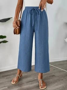 SHEIN LUNE Plus Size Casual Traditional Solid Color Versatile Drawstring Waist Loose Pants Autumn Formal Vacation Blue - Blue - View 3