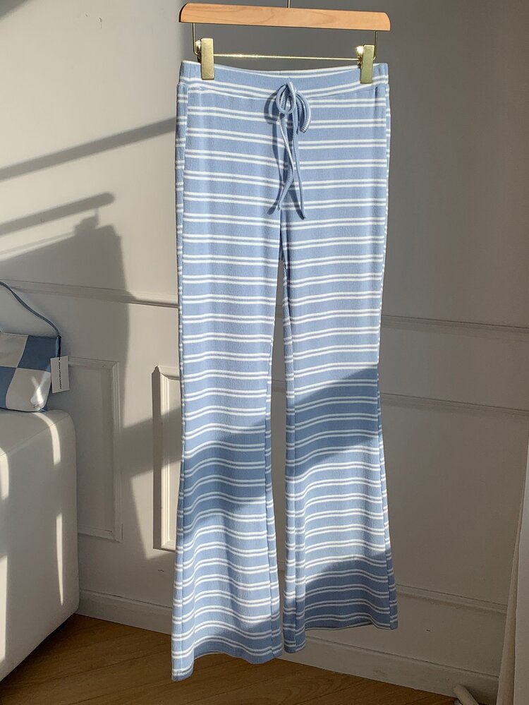 Comfortcana Women's Drawstring Waist Striped Casual Versatile Everyday Long Pants - Blue - View 5