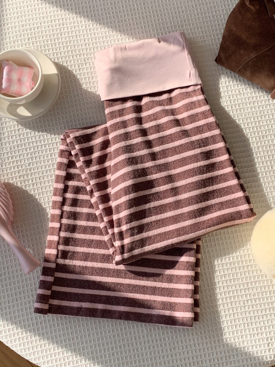 Comfortcana 女款街頭風棕色格紋拼色寬鬆休閒長褲 居家休閒 秋季 - 粉色 - 查看 1
