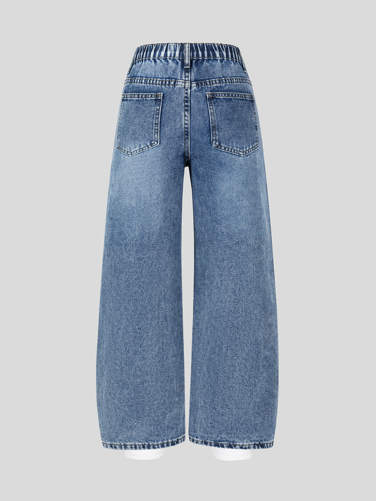 Girls' Wide Leg Denim Jeans, Vintage Distressed Classic Mid-Blue Wash Loose Straight Leg Jeans, Elastic Waistband, Comfortable Casual Loose Fit, Girls' Back To School All-Match Versatile Denim Bottoms, Suitable For All Seasons, Daily Wear, Outdoor, Travel, School Outfits - Light Wash - View 2