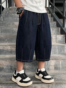 SHEIN 男童酷感原色丹寧水藍色水洗 3/4 七分中長牛仔褲，帥氣街頭休閒校園風，壓線設計，秋季上學穿搭 - 深色水洗藍 - 查看 3