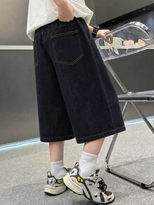 SHEIN 男童酷感原色丹寧水藍色水洗 3/4 七分中長牛仔褲，帥氣街頭休閒校園風，壓線設計，秋季上學穿搭 - 深色水洗藍 - 查看 4