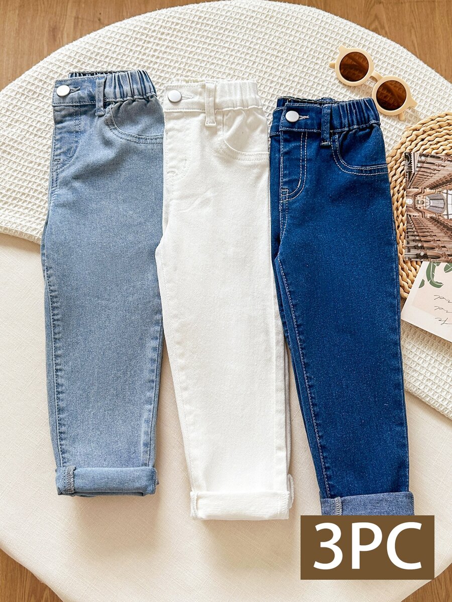 SHEIN Young Boy Casual Daily Travel Denim Jeans With Pockets And Buttons, 3-Piece Set