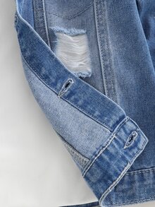 SHEIN 男童牛仔夾克外套，四季皆宜，柔軟棉質，休閒時尚百搭舒適，極簡經典翻領，前雙貼袋設計，可拆卸針織連帽，寬鬆版型，淺藍水洗牛仔夾克外套，適合日常穿著與度假 - 中等水洗藍 - 查看 7
