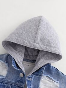SHEIN 男童牛仔夾克外套，四季皆宜，柔軟棉質，休閒時尚百搭舒適，極簡經典翻領，前雙貼袋設計，可拆卸針織連帽，寬鬆版型，淺藍水洗牛仔夾克外套，適合日常穿著與度假 - 中等水洗藍 - 查看 4