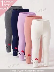 SHEIN 1件隨機款 5款女童幼兒可愛粉色與淺藍色貓咪蝴蝶結印花柔軟羅紋針織休閒日常長褲內搭褲 全季適用 - 彩色 - 查看 3