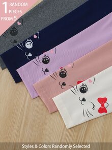 SHEIN 1件隨機款 5款女童幼兒可愛粉色與淺藍色貓咪蝴蝶結印花柔軟羅紋針織休閒日常長褲內搭褲 全季適用 - 彩色 - 查看 5