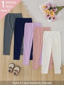 SHEIN 1件隨機款 5款女童幼兒可愛粉色與淺藍色貓咪蝴蝶結印花柔軟羅紋針織休閒日常長褲內搭褲 全季適用 - 彩色 - 查看 2
