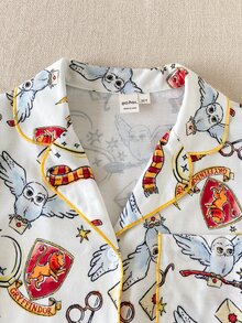 PrepCrw HARRY POTTER X SHEIN 兒童青少年女孩可愛卡通圖案寬鬆休閒家居服，適合日常居家穿著與居家度假，白色，秋季 - 白色 - 查看 6
